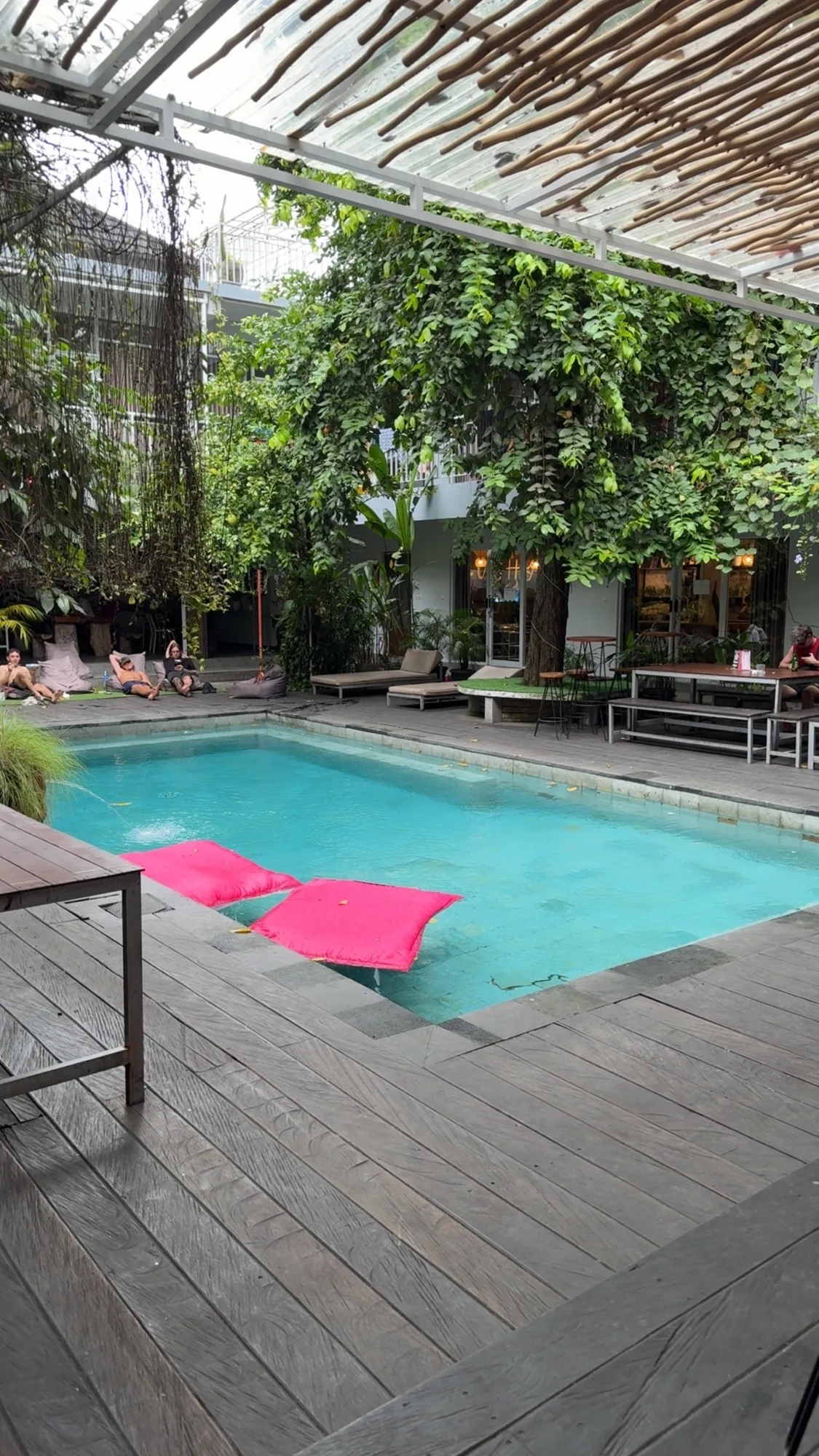 The hostel pool in Canggu on the first afternoon